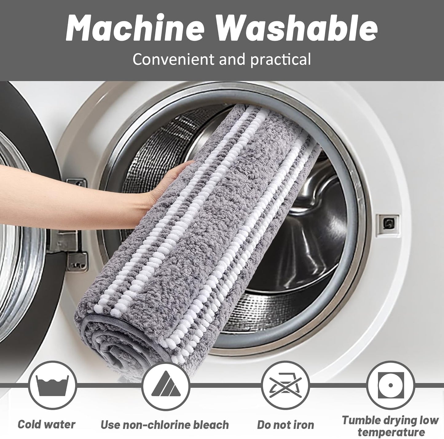 Bathroom Rugs 20x32 Extra Soft Absorbent Bath Mat Chenille Non Slip Shower Mat Rubber Backing Machine Washable Bath Mats for Bathroom Shaggy Grey Bath Rugs for Tub, Hallway