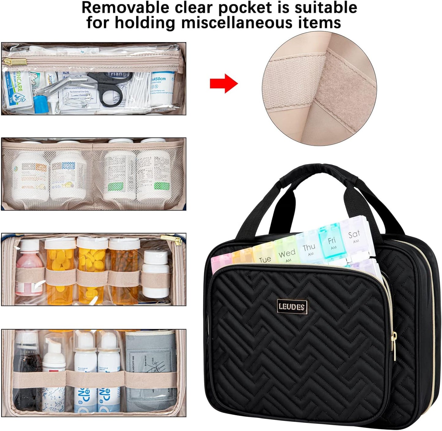 Leudes Travel Pill Bottle Organizer,Medicine Organizer and Storage,Home Medication Bag, Cases,Carrier for Pills,Vitamin,Fish Oil,Supplements for Women and Men (Large, Black)