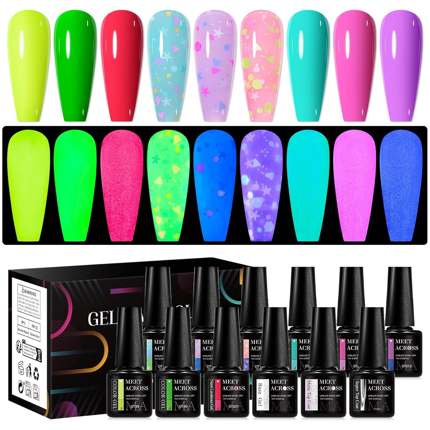 MEET ACROSS 9 Colors Gel Nail Polish + 3PCS Function Gel Nail Polish Kit,Fashion Nail Art Set Design Gifts for Women Manicure Salon (SET17, 12pcs)