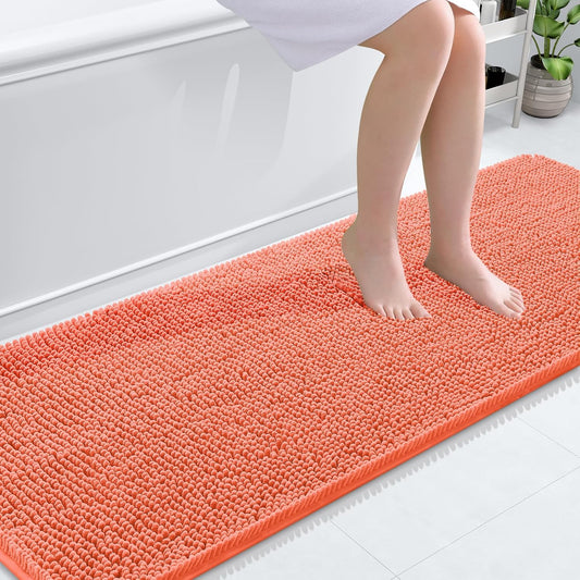OLANLY Bathroom Rugs 70x24, Extra Soft Absorbent Chenille Bath Rugs, Rubber Backing Quick Dry, Machine Washable Bath Mats for Bathroom Floor, Tub and Shower, Home Decor Accessories, Coral