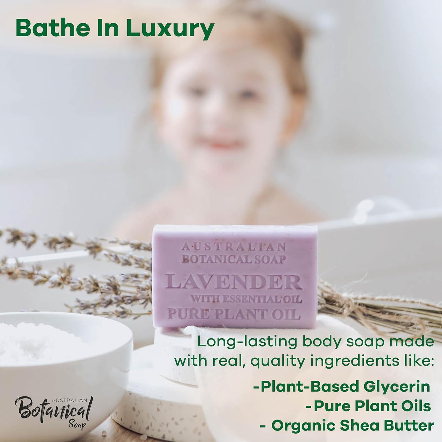 Australian Botanical Soap Lavender with Essential Oil 6.6 oz Luxury Soap Bars Enriched with Shea Butter, Pack of 4, Packaging May Vary