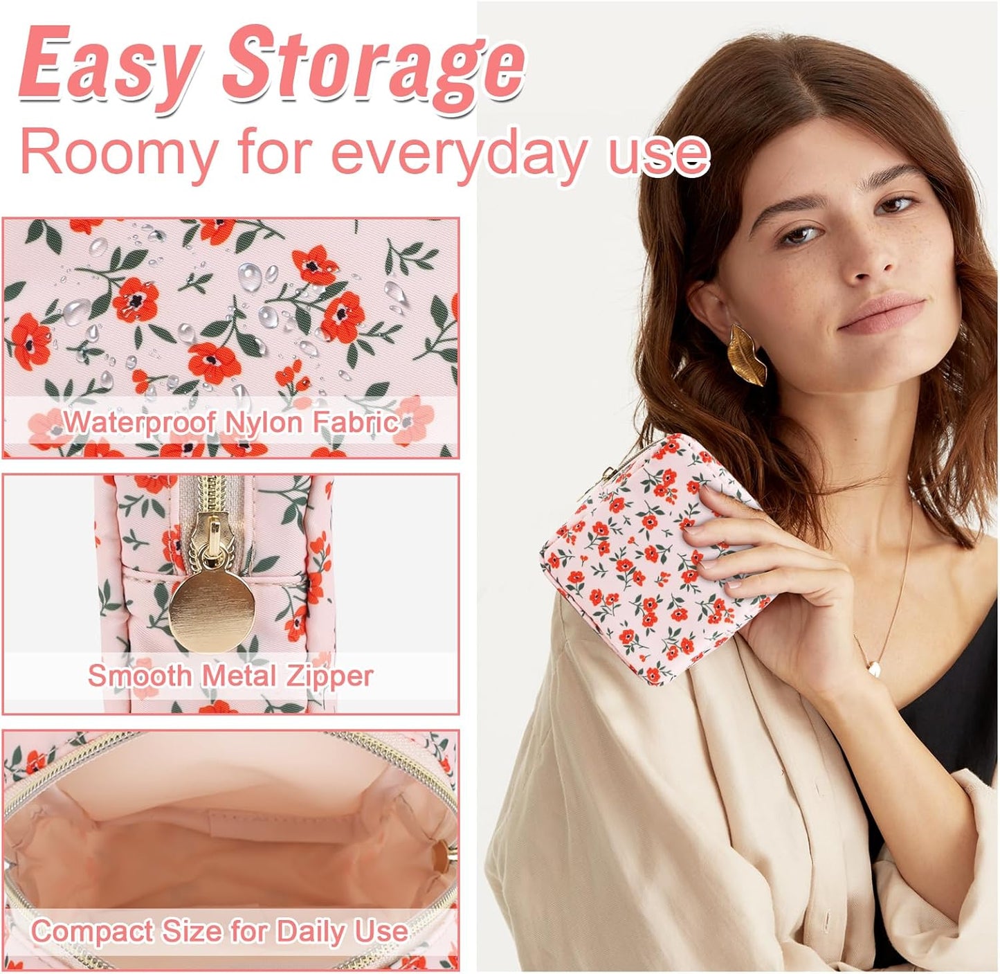 Nylon Mini Floral Makeup Bag for Purse, Small Cute Pink Makeup Bag Preppy Flower Cosmetic Zipper Pouch, Waterproof Travel Coin Pouch Sanitary Napkin Storage Bag Makeup Organizer for Women(Pink-Floral)