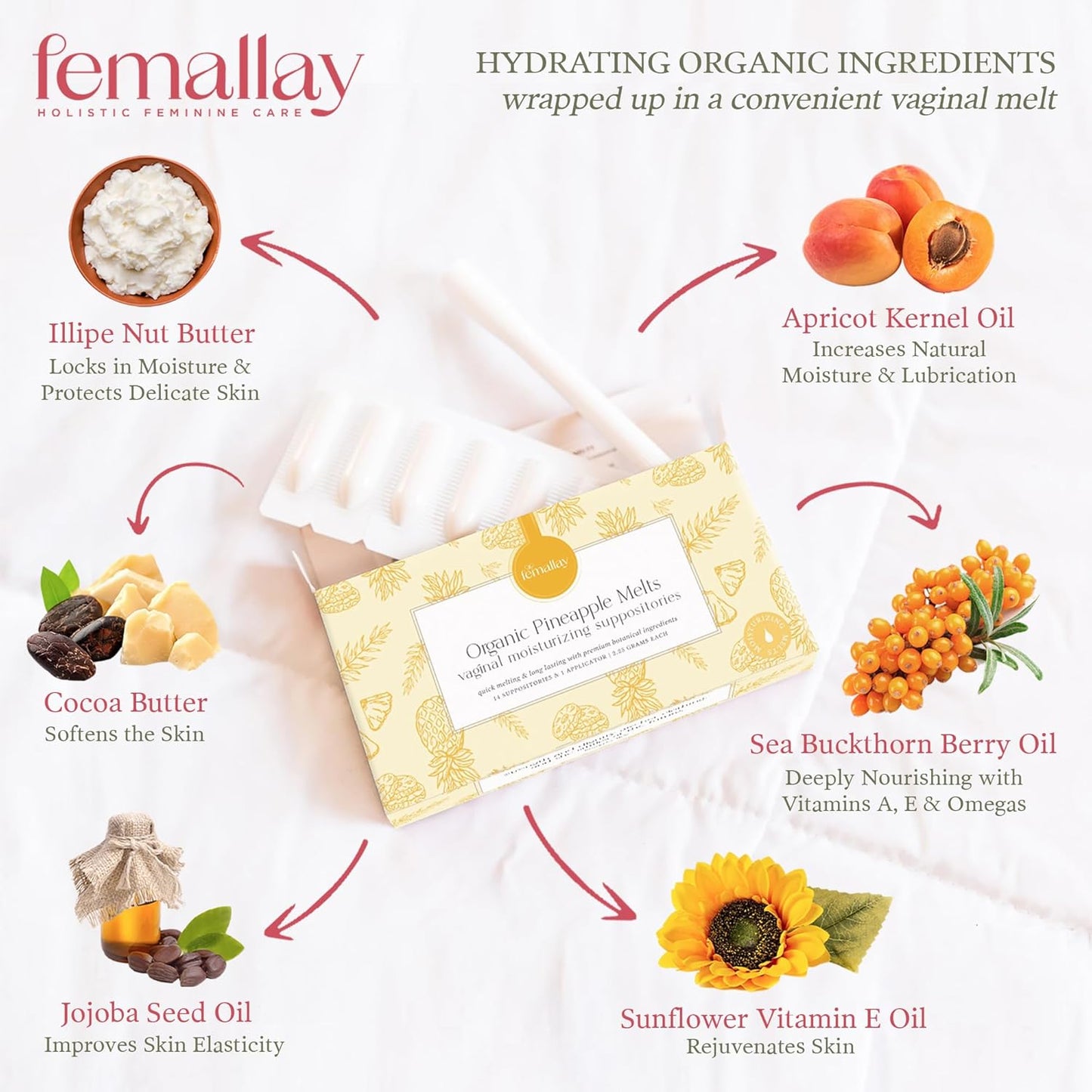 Femallay Organic Vaginal Moisturizing Suppositories – Pineapple – 100% Natural Relief for Dryness, Odor & Daily Feminine Discomfort – 14 Count + Applicator