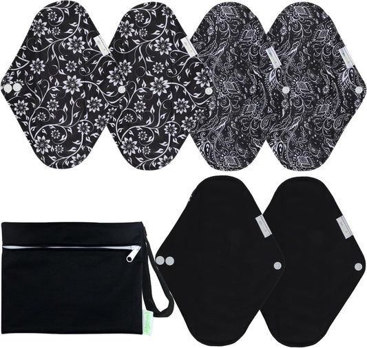 wegreeco Reusable Menstrual Pads - Reusable Sanitary Pads | Reusable Panty Liners | Soft Cloth Menstrual Pads - 6 Pack with 1 Cloth Wet Bag (X-Large, Black Flowers)