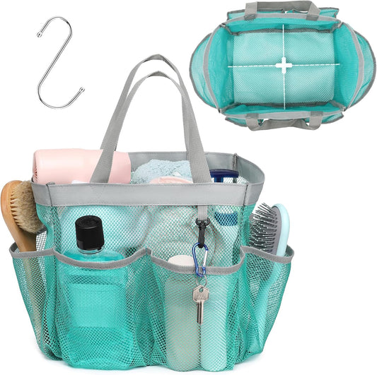 F-color Mesh Shower Caddy Portable with Dividers - Upgrade Deeper 7 Pockets Dorm Room Essentials with S Hook, Shower Bag Basket Tote for Guys Girls College Camping Toiletry Bathroom, Mint Green
