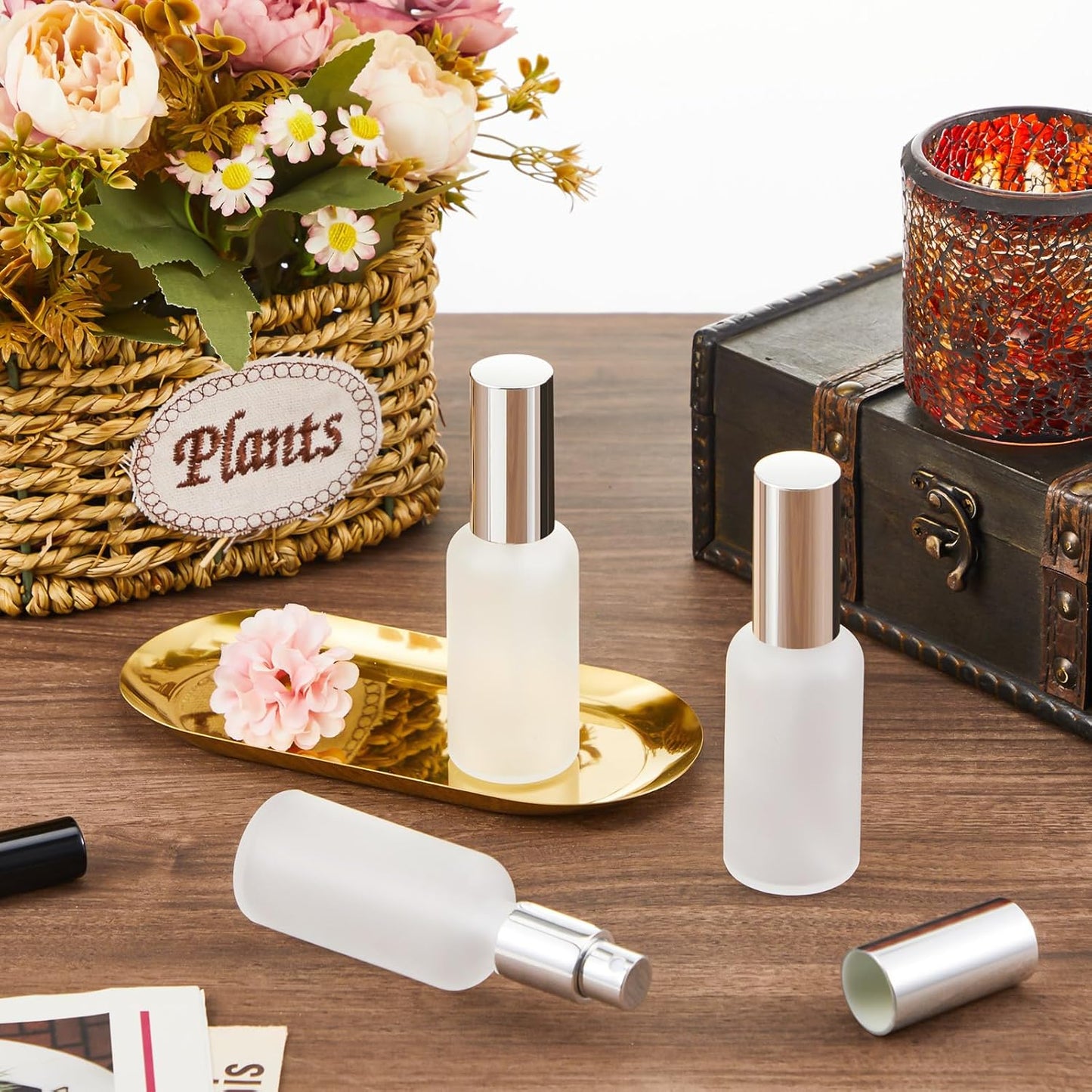 Roshtia 30 Pcs 1.69 oz/ 50 ml Silver Glass Spray Bottle Refillable Perfume Atomizer Clear Decorative Empty Bottles with Fine Mist Sprayer Pump for Face Body Travel