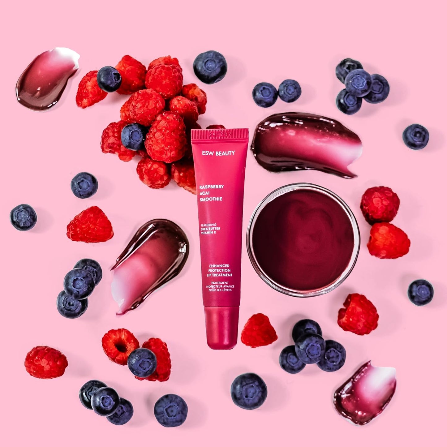 ESW Beauty Raspberry Acai Smoothie Lip Treatment - Rich Berry Tint with Shea Butter, Vitamin E, Raspberry & Acai for Deep Nourishment & Enhanced Protection