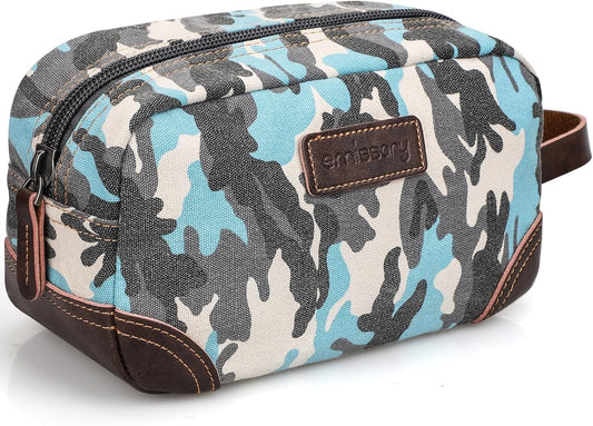 emissary Men's Toiletry Bag, Leather and Canvas Travel Toiletry Bag, Dopp Kit for Men,Bathroom Bag Men's Shaving Kit, Travel Kit Small Bags for Men, Shaving Bag for Travel (Camo-Blue)