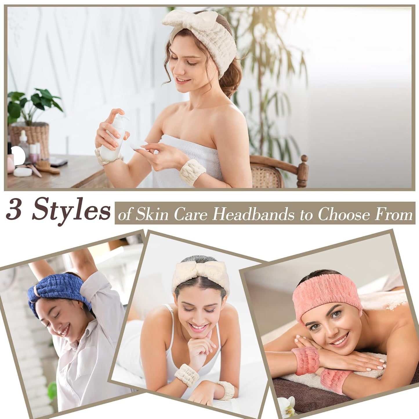 Spa Headband and Wristband Set - 3-Piece Skincare Headbands & 6-Piece Wrist Spa Wristbands for Women,Facial Hairbands for Washing Face, Makeup, Sports, Yoga, Headband for Washing