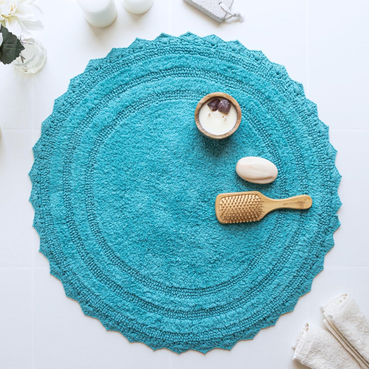 RAJRANG Pearled Bluebird Crochet Cotton Bath Mat | Reversible, Absorbent, Non-Slip Round Rug for Bathroom, Spa & Kitchen | Machine-Washable, 24"