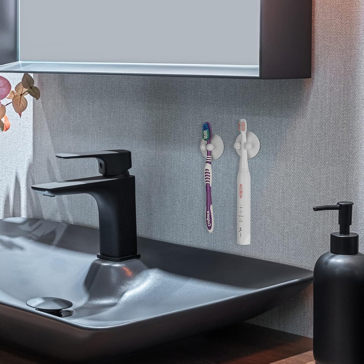 4 PCS Suction Cup Toothbrush Holder for Mirror, Electric Toothbrush Hanger Wall Mounted for Bathroom, Waterproof Multifunctional Hook for Towel, Key and Razor White