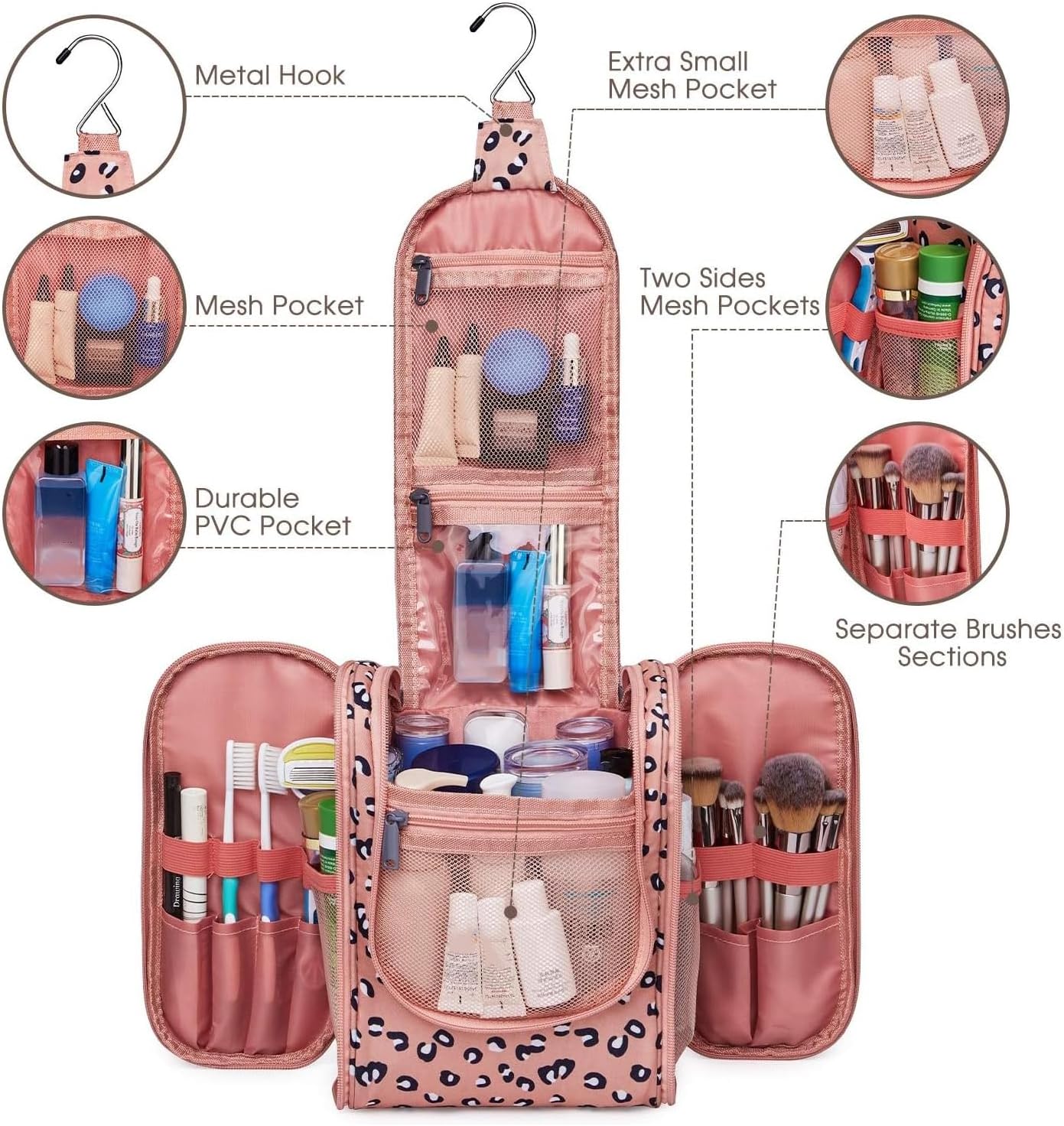 Narwey Cheetah Small Hanging Toiletry Bag Women Travel Makeup Bag Organizer Toiletries Bag for Travel Size Essentials Accessories Cosmetics (Medium, Orange Leopard)