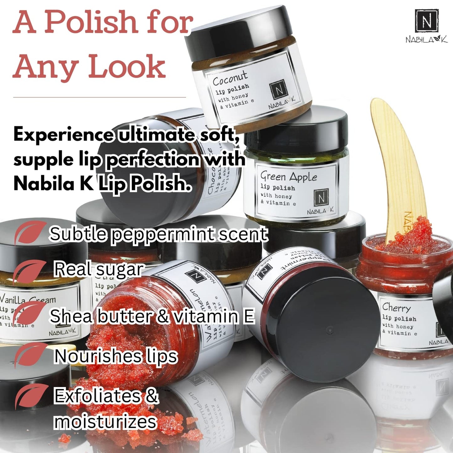 Peppermint Lip Polish, 1 oz by Nabila K - Hydrating Lip Exfoliator & Moisturizer with Honey and Vitamin E for Dry and Chapped Lips - Cruelty-Free, Real Sugar, Made in USA