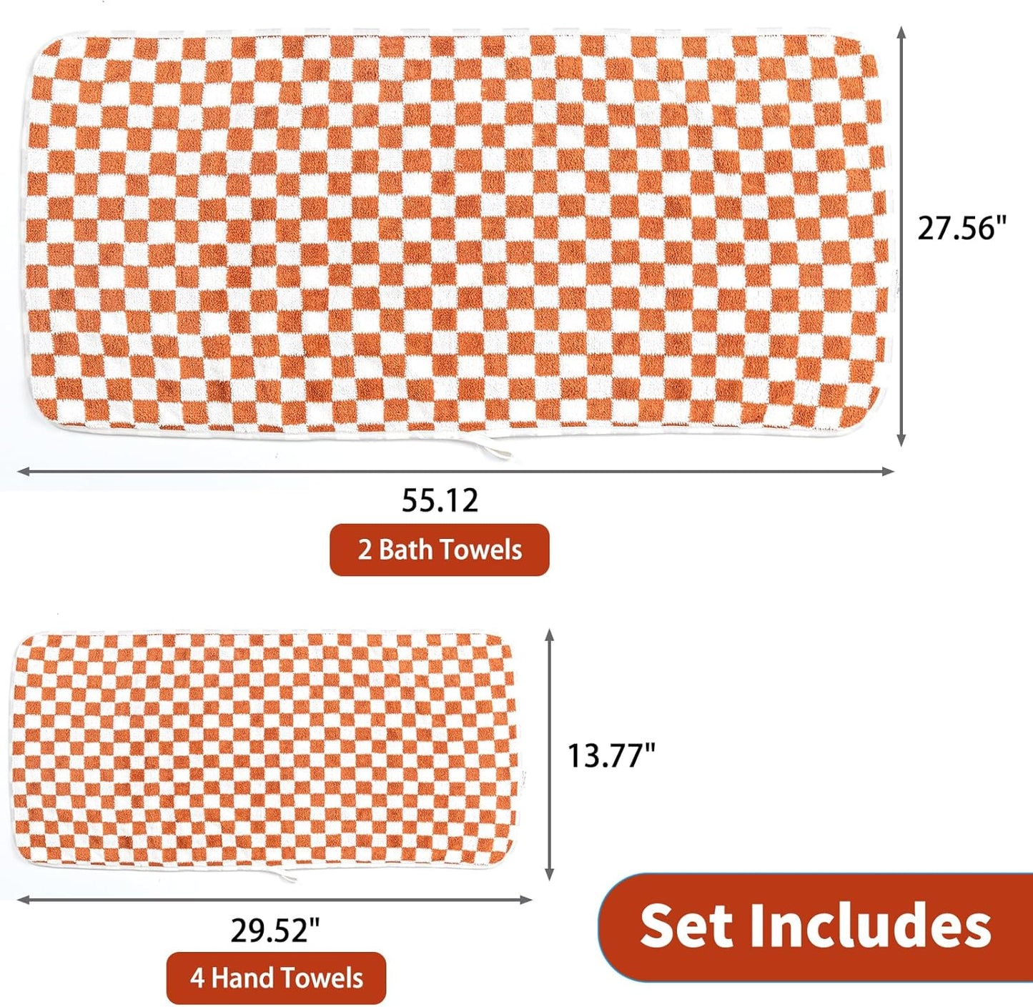 Checkered Bath Towels Set of 6 Large, Microfiber Shower Towels * 2 (55.12"*27.56"), Hand Towels * 4 (29.52"*13.77"),Towels for Bathroom、Pool、Hotel, Spa, Soft Absorbent Quick-Dry（Red
