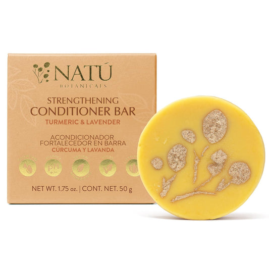 NATÚ BOTANICALS Strengthening Hair Conditioner Bar – Turmeric & Lavender – Moisturizing Conditioner for Dry Hair, Damaged & Frizzy Hair - Deep Conditioning, Scalp Soothing & Hair Strengthening 2.3oz