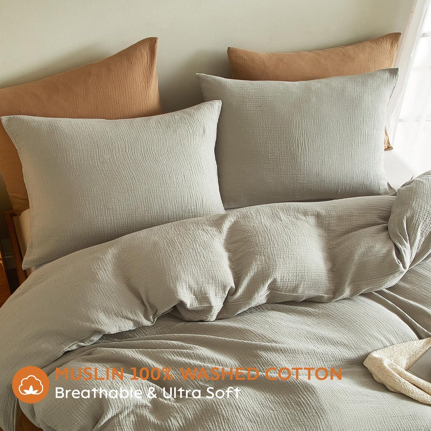 SE SOFTEXLY Muslin Pillowcases Queen Size 100% Cotton, 2 Pack Linen Like Pillow Shams with Envelope Closure, Ultral Soft and Breathable Pillow Case Covers, Smoky-Green, 20" X 30", No Filling