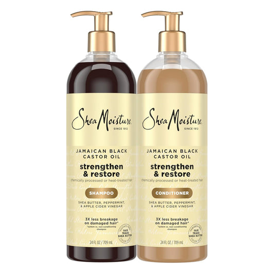 SheaMoisture Strengthen & Restore Shampoo and Conditioner Bundle Jamaican Black Castor Oil 2 Pack to Cleanse & Nourish Dry, Damaged Hair, 24 oz