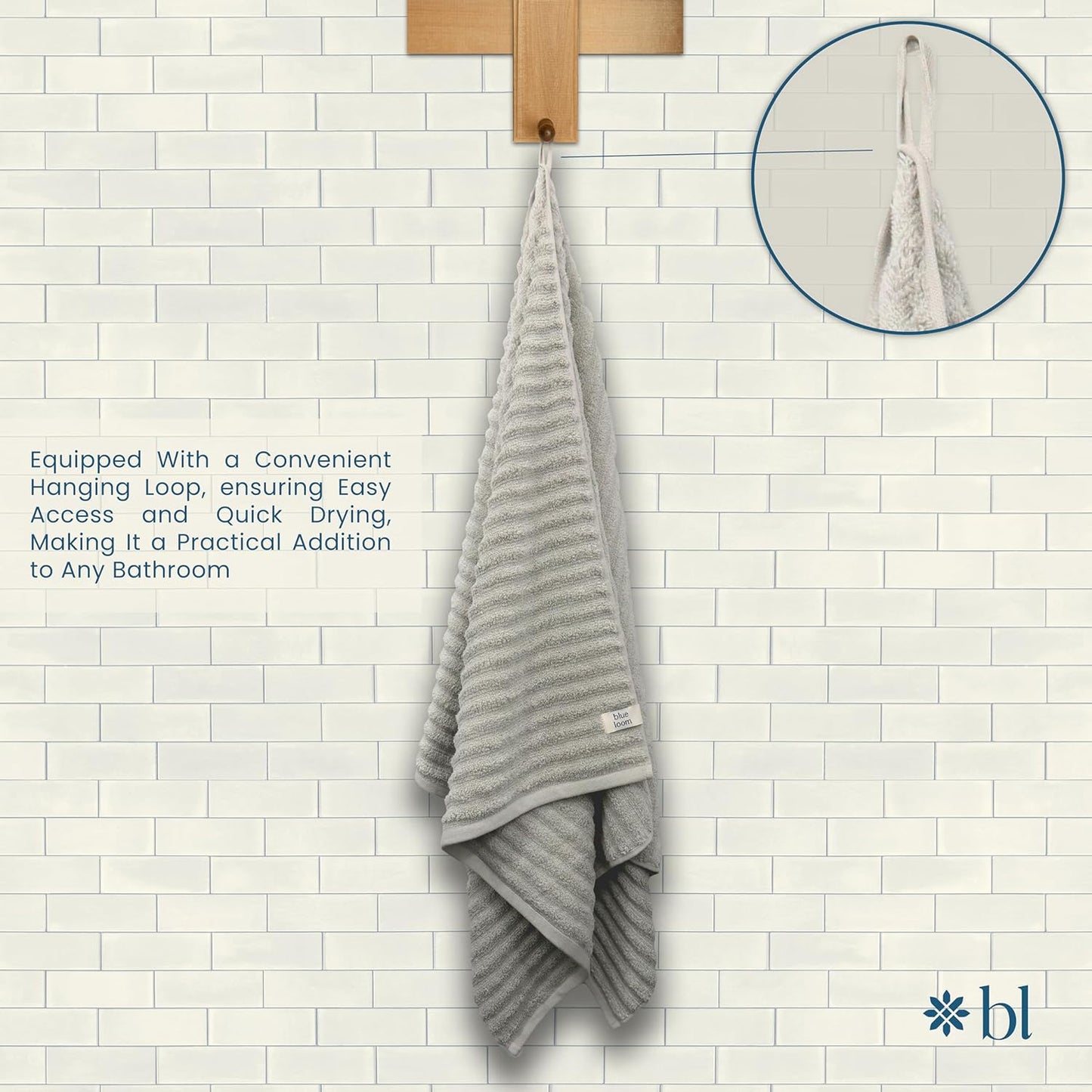 Blue Loom Ribbed Bath Towels Set, 100% Cotton 600 GSM, Soft Absorbent Durable Quick Drying 2 Bath Towels for Bathroom - Mason Set of 2 Stone Grey (58" x 30" Inch)