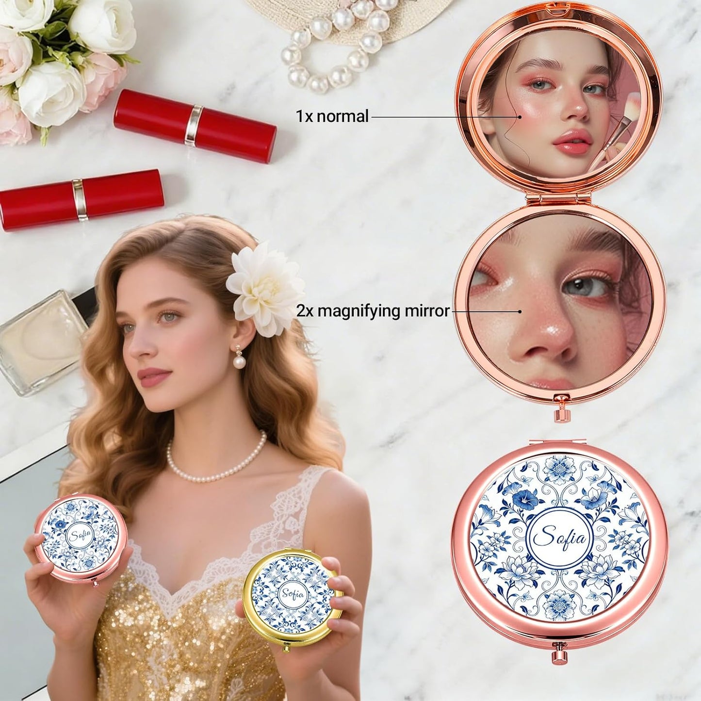 Custom Compact Mirror with Name - Personalized Flip Makeup Travel Pocket Mirror Gift for Women Bridesmaids Wedding Birthday (Blue Flower Line)