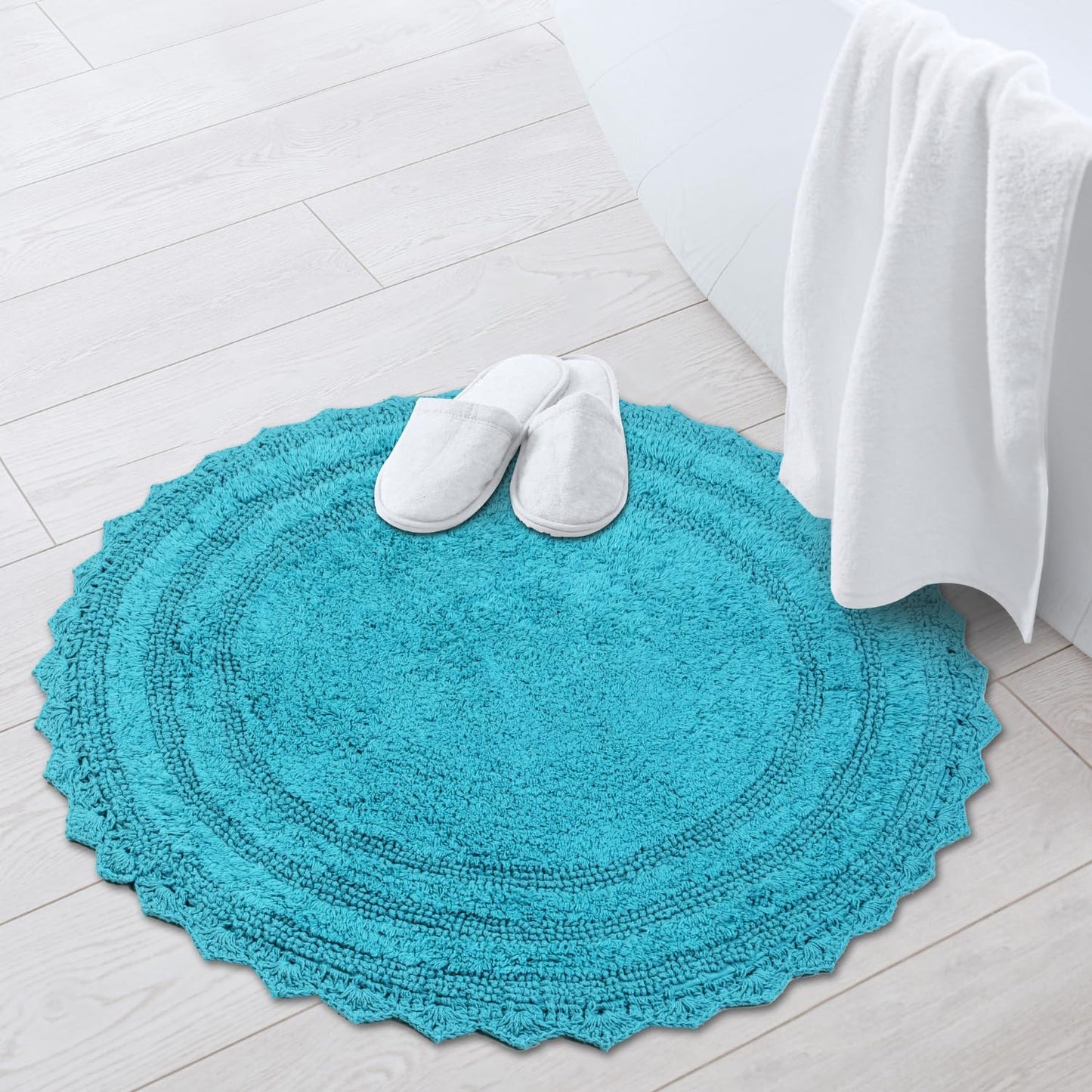 RAJRANG Pearled Bluebird Crochet Cotton Bath Mat | Reversible, Absorbent, Non-Slip Round Rug for Bathroom, Spa & Kitchen | Machine-Washable, 24"