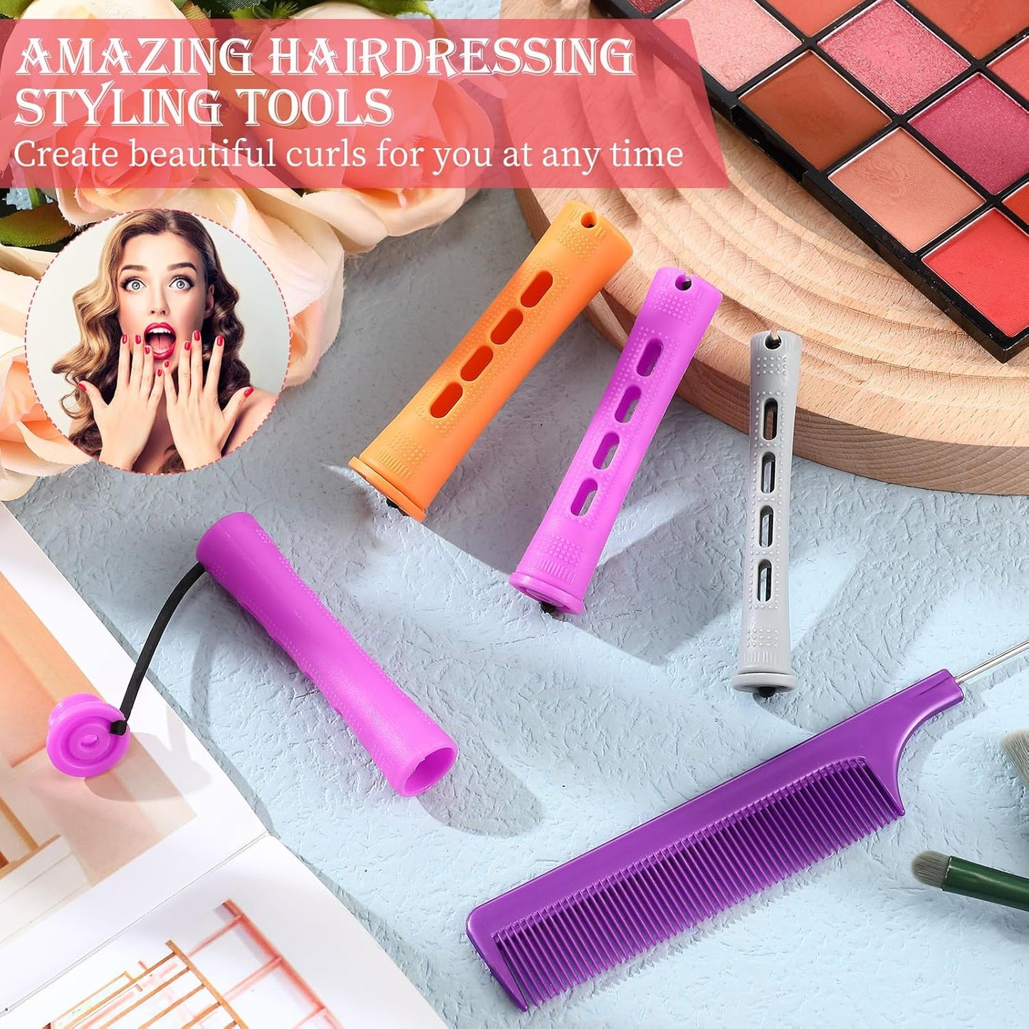 WILLBOND 36 Pieces Cold Wave Rod Hair Perm Rods Hair Rollers Perming Curlers with Steel Rat Tail Comb for Hairdressing Styling(Purple, Gray, Orange,0.87 Inch, 0.75 Inch,0.59 Inch)