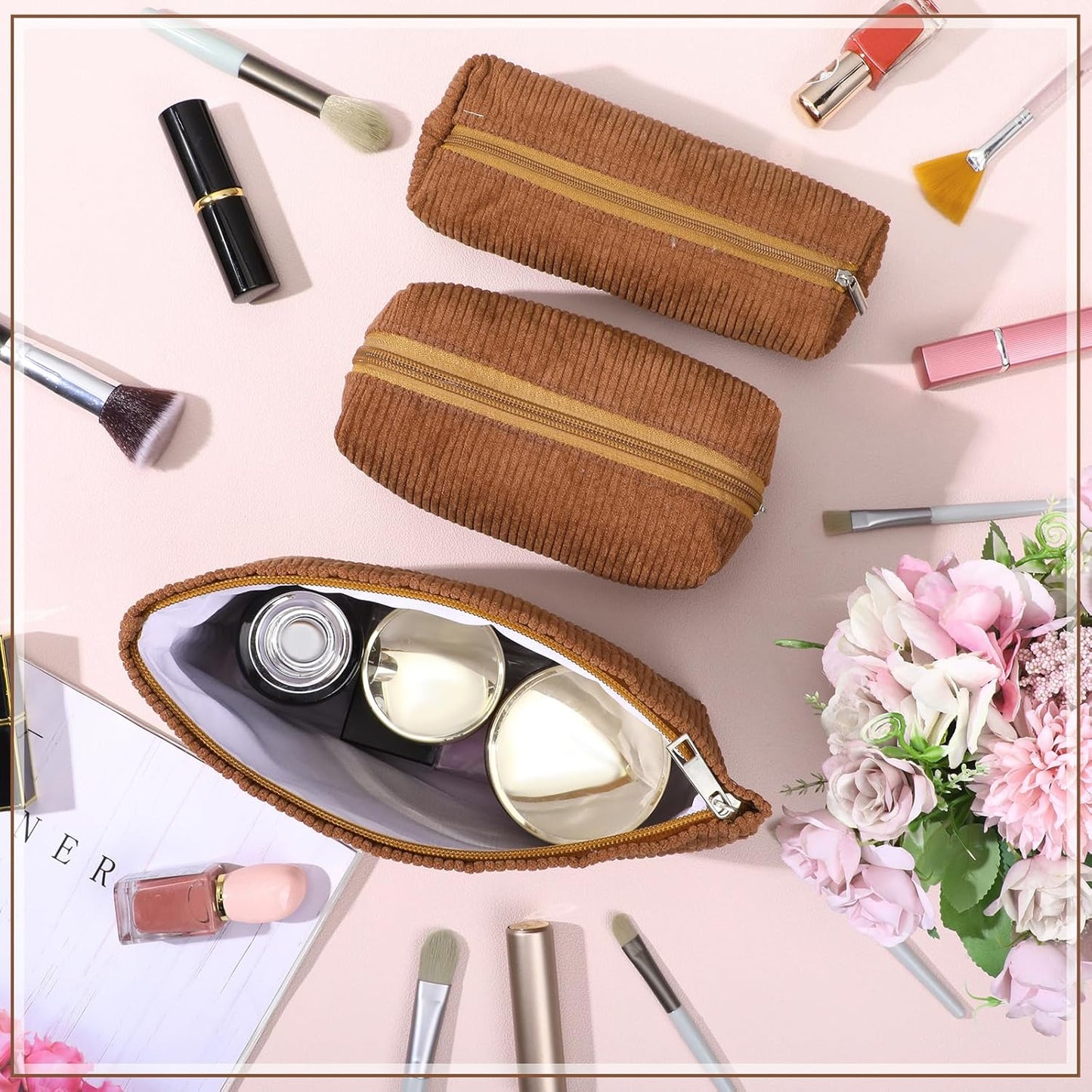 3 Pcs Makeup Bag Set for Women Corduroy Cosmetic Pouch Aesthetic Smile Travel Toiletry Bag Cute Purse Pouch Pencil Case Makeup Brushes Storage Organizer for Christmas(Brown,Solid Style)