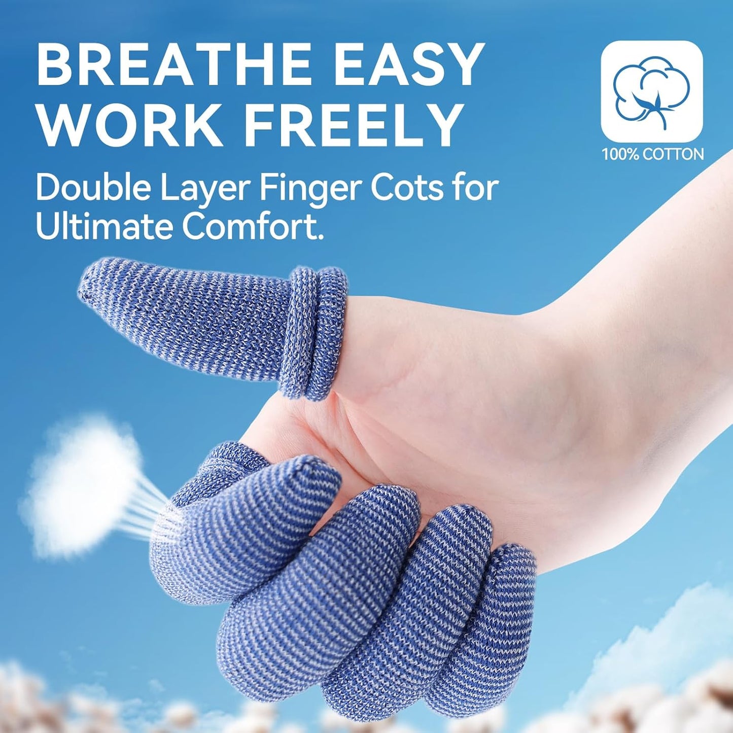 Dimora Finger Cots, Pack of 60 (Large Size) Finger Protectors, Breathable Bandages for Wound Care, Stretchy Sleeves for Gardening, Fitness and Cargo Handling, Blue