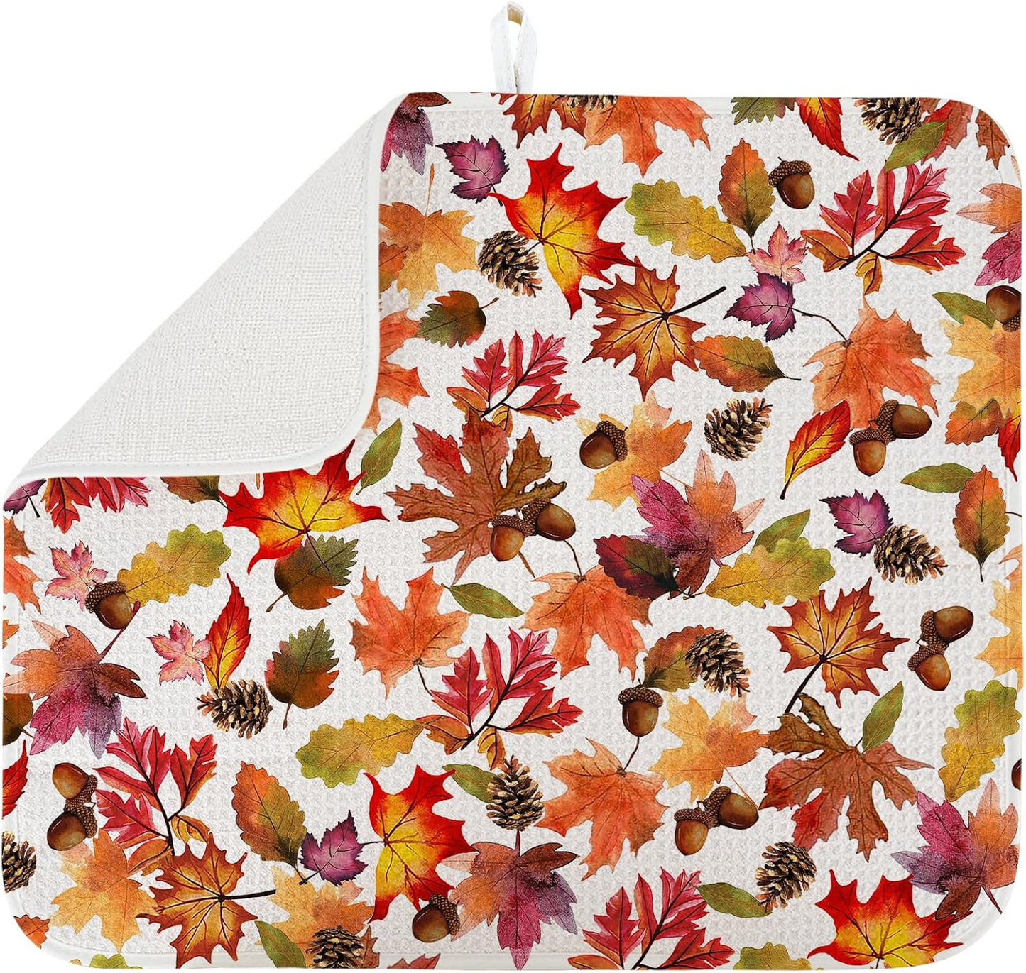 Dish Drying Mat for Kitchen Counter Large 16" x 18" Fall Leaves Absorbent Microfiber Dishes Drainer Rack Mats Pad Reusable Washable