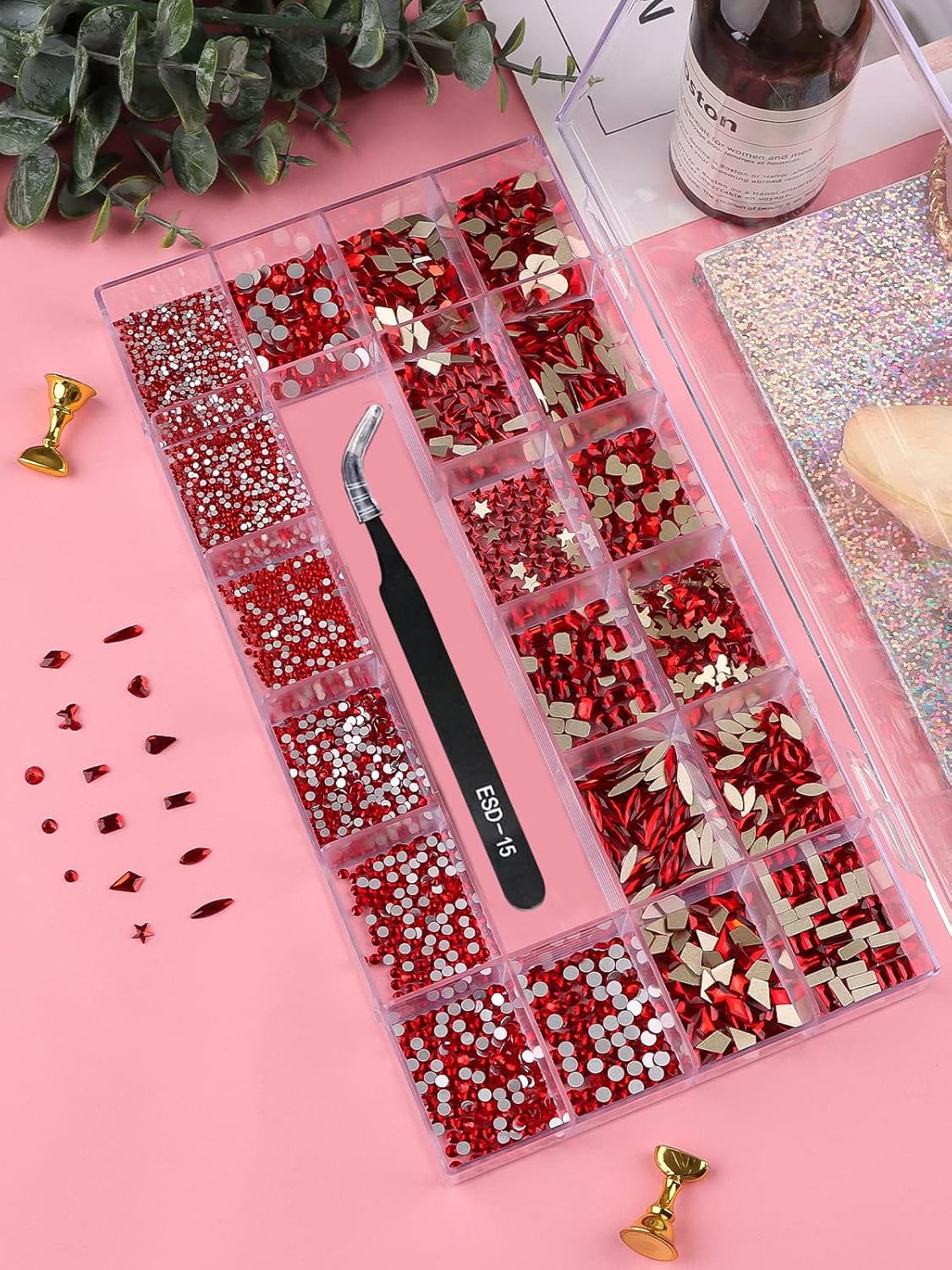 3100Pcs Red Rhinestones for Nails EBANKU Nail Art Rhinestones Kit Red Nail Crystal Rhinestones Mixed Shape with Rhinestone Picker Dotting Pen Tweezers for Christmas DIY Nail Art Craft
