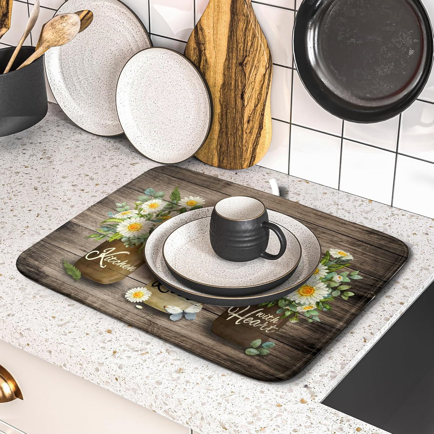 Flower Vase Dish Drying Mats 16x18 Inch Rustic Wood Reversible Microfiber Kitchen Countertop Protector Fast Dry Dish Drainer Rack Pad