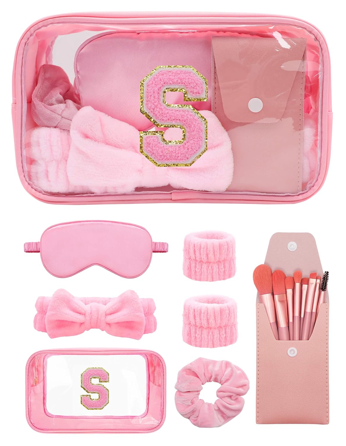 Gift Sets for Women, Initial Makeup Bag with Makeup Brush Set Bachelorette Party Favors, Pink Spa Kit with Skincare Headbands Wrist Bands Sleepover Party Supplies Gifts for Teen Girls Bridesmaid S