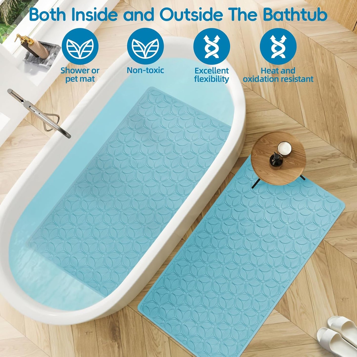 WRISIN Bathtub Mat Non Slip with Suction Cups - 100% Rubber Bathroom Mat Textured for Bath Tub Shower Safety - Soft on Touch - BPA/PVC Free - Pet Dog Bath Mat - Machine Washable - 16 × 28 Inch（Blue）