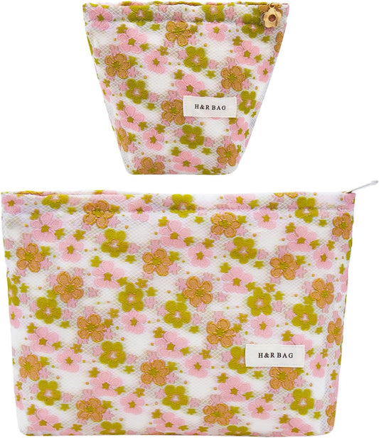 2 Pcs Makeup Bags, Large Cosmetic Bag Travel Toiletry Bag Organizer for Women, Embroidery Craft, Floral Makeup Bag Small Cosmetic Pouch Purse with Zipper Gifts for Girls Teen