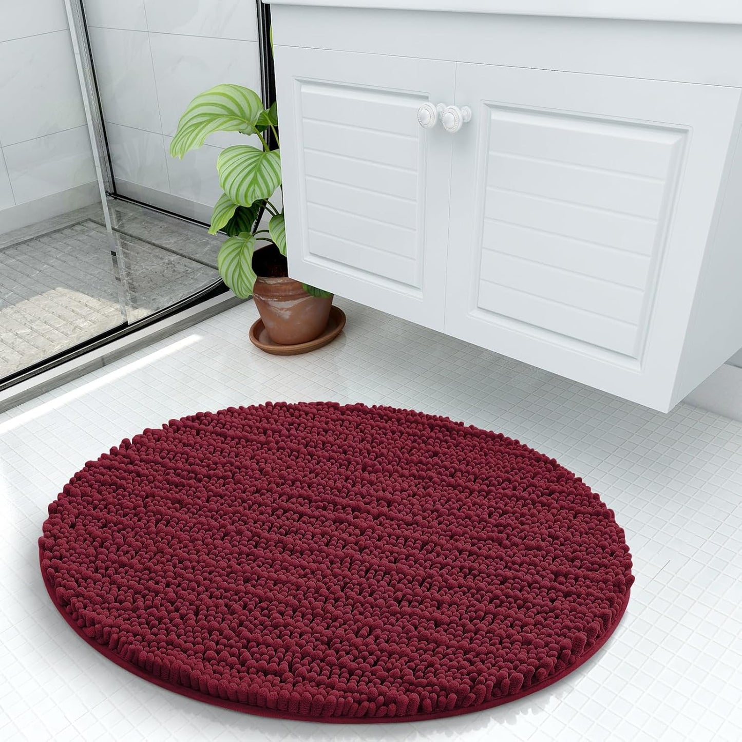 Arotive Luxury Round Chenille Bathroom Rug Mat, Extra Soft Thick Absorbent Shaggy Bath Rugs, Non-Slip Machine Wash Dry Plush Bath Mats for Bathroom, Shower and Tub, 24x24, Burgundy