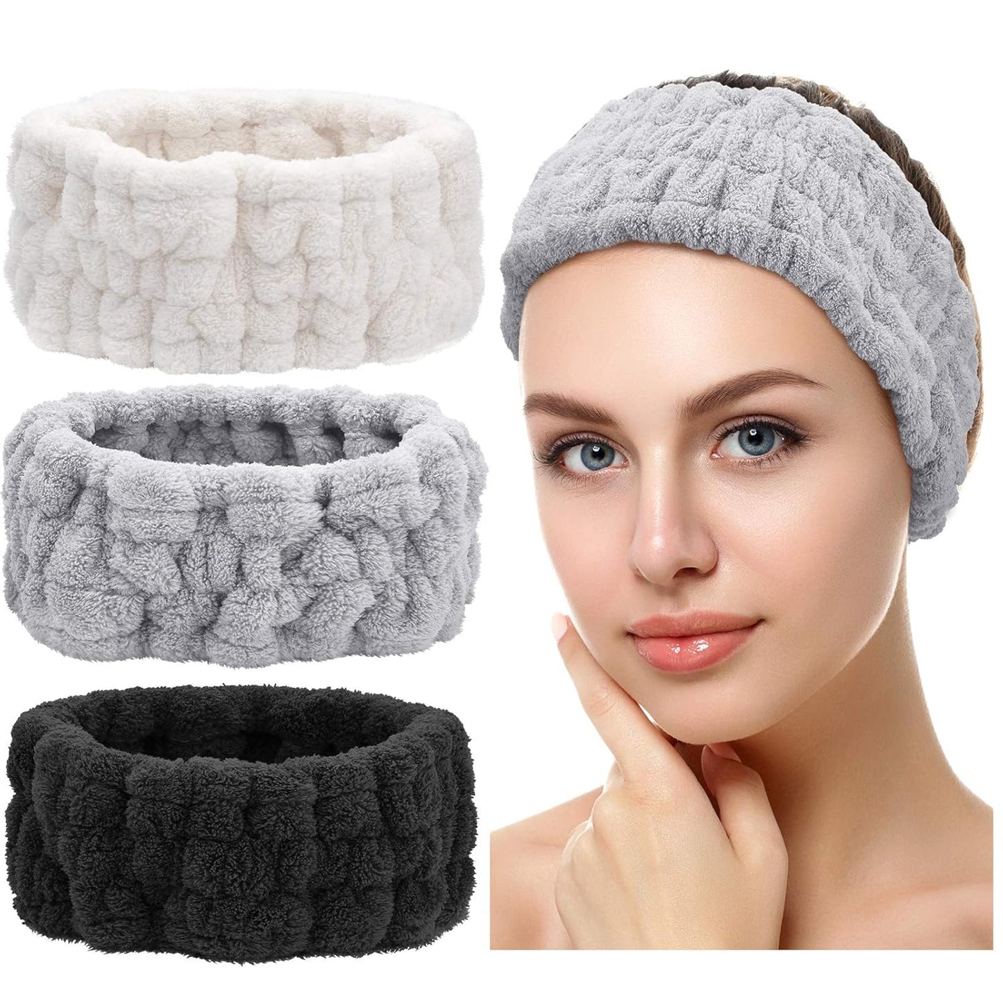 Chuangdi 3 Pieces Spa Headband for Women Facial Makeup Headband Soft Terry Cloth Hairband for Washing Face Mask Spa Shower Gifts(Black, White, Light Grey)