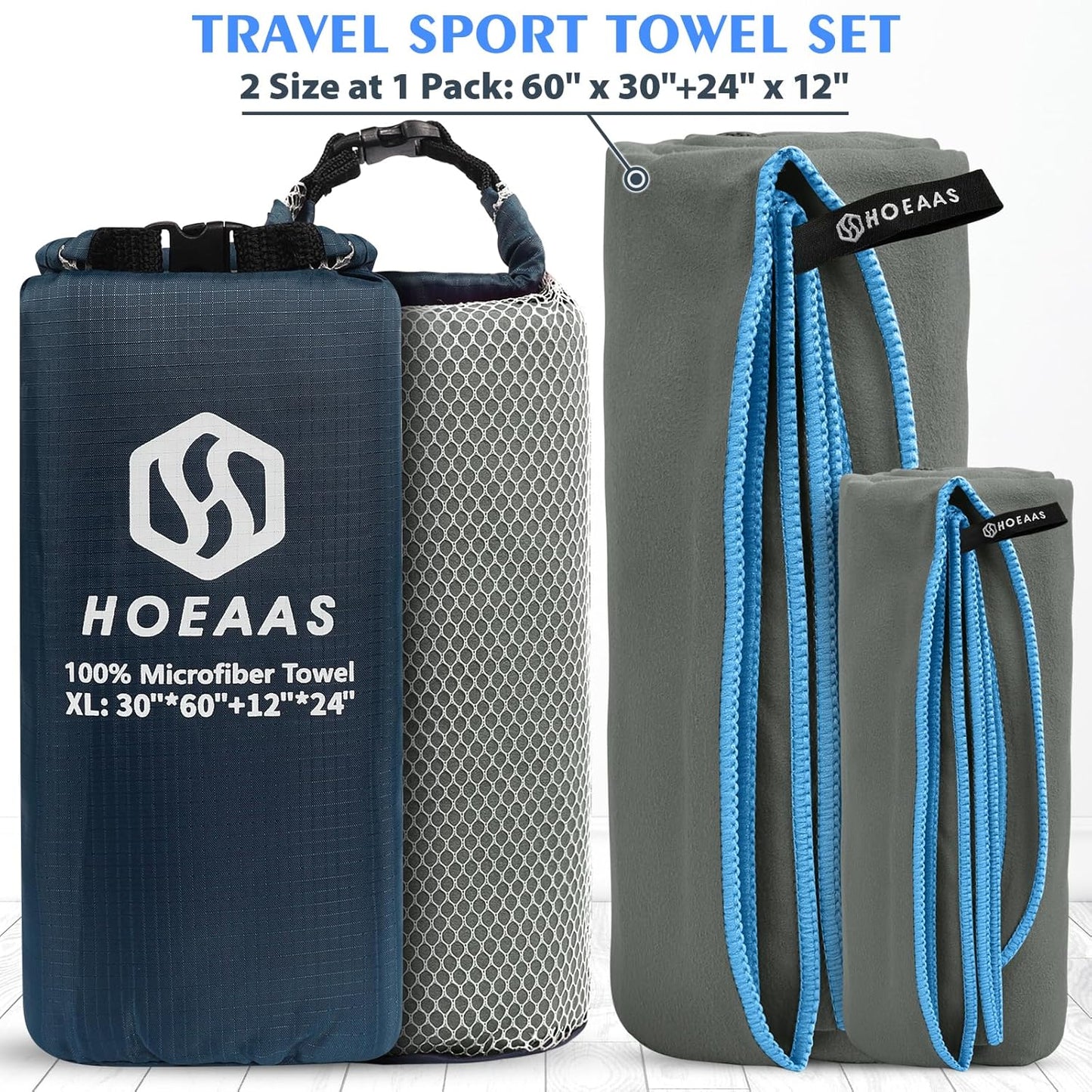 HOEAAS 2 Pack Microfiber Camping Towels, Quick Dry Towel, Super Absorbent Ultra Compact Travel Towel Soft Lightweight Sports Towel for Sweat Fast Drying Towels for Pool,Gym,Hiking,Backpacking,Fitness