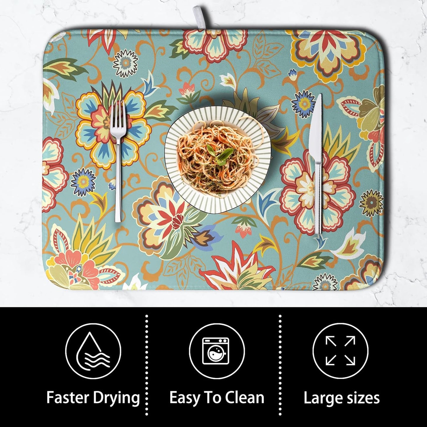 Boho Floral Kitchen Dish Drying Mat for Dishes 16x18 Inch Vintage Mandala Colorful Flowers Drying Mat Green Bohemian Dish Drainer Mat Super Absorbent Dish Rack Pad for Coffee Bar Sinks