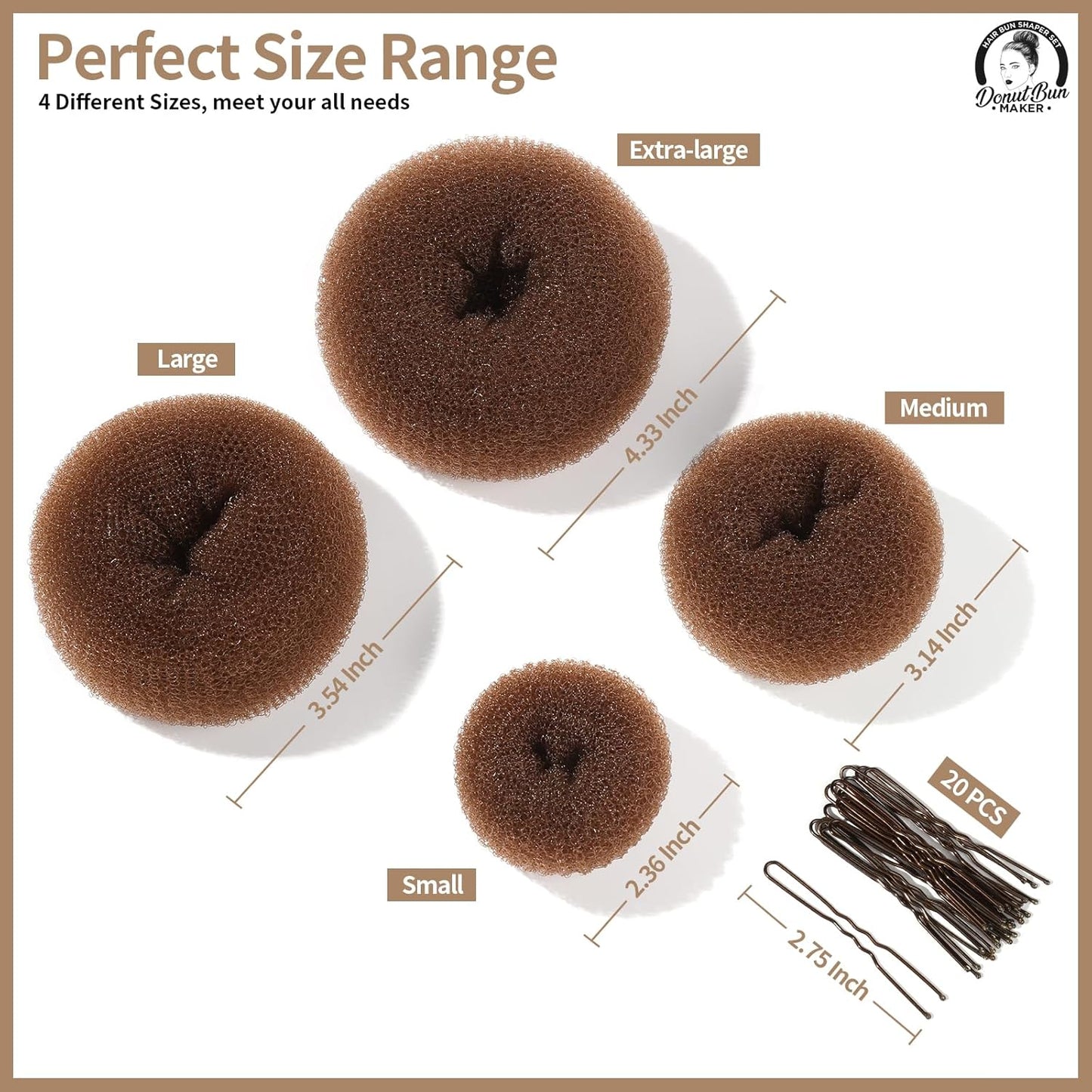 Teenitor Hair Bun Maker for Kids Girls - Hair Donuts, Ballet Bun in 4 Sizes, Light Brown