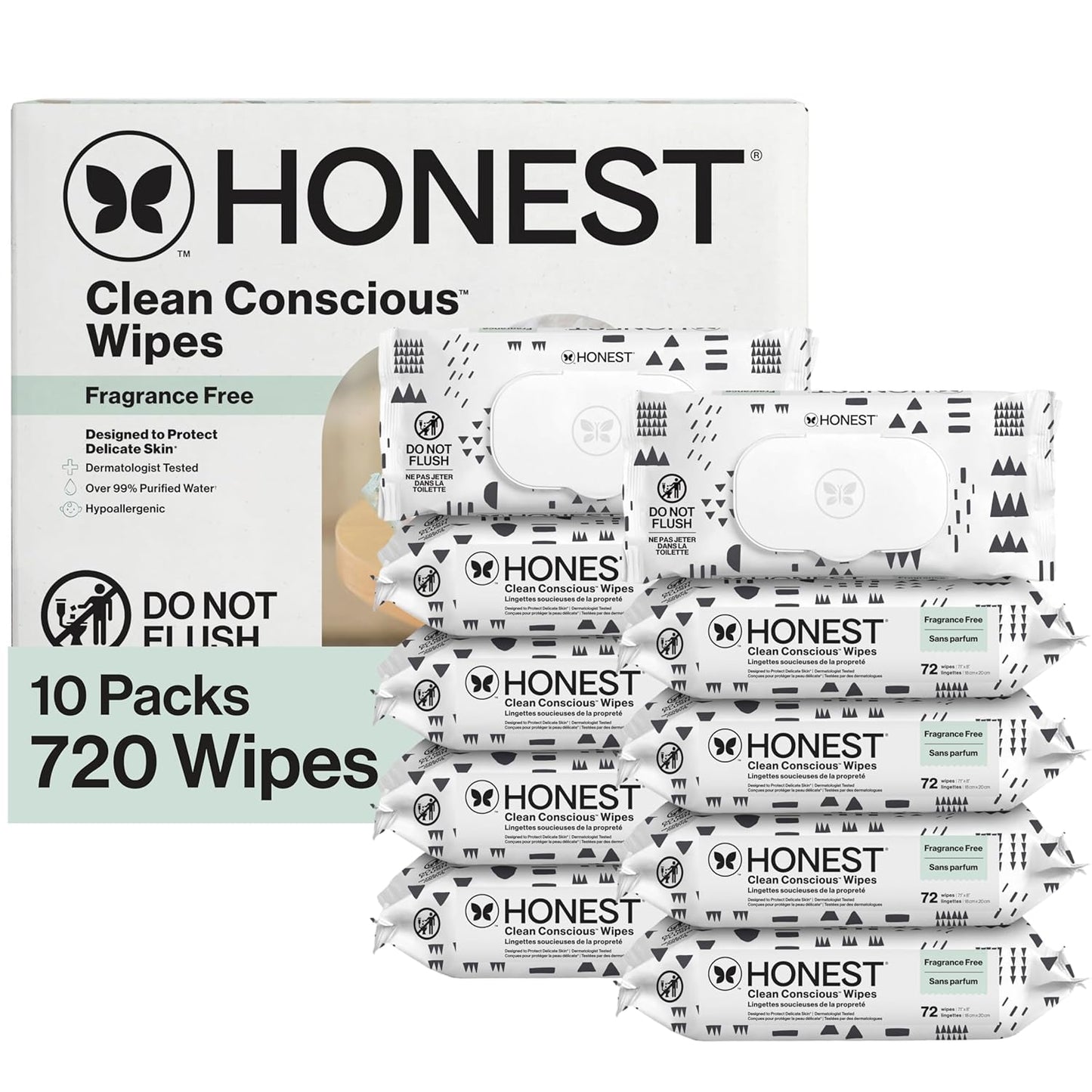 The Honest Company Clean Conscious Multi-Use Wipes, Unscented Hypoallergenic Baby Wipes for Sensitive Skin, 99% Water Plant-Based Compostable Wipes, Pattern Play, 720 Count