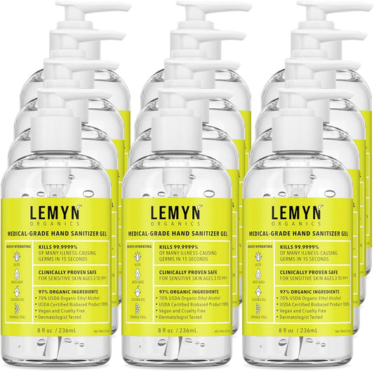 Medical Grade Hand Sanitizer Gel - 97% ORGANIC - 8 FL.OZ. with PUMP (PACK OF 12)