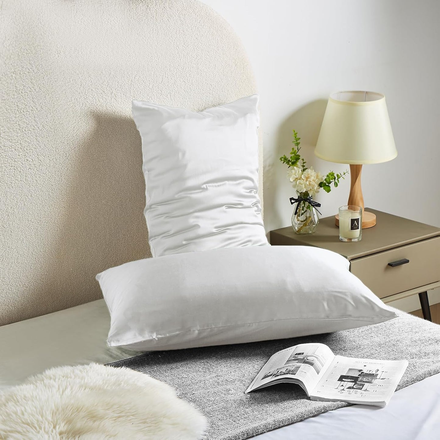 Silk Pillow Cases 2 Pack Mulberry Silk Pillow Cases Soft Breathable Both Sided Natural Silk Pillowcase with Zipper Beauty Sleep Silk Pillow Cases for Gift(Queen,White)