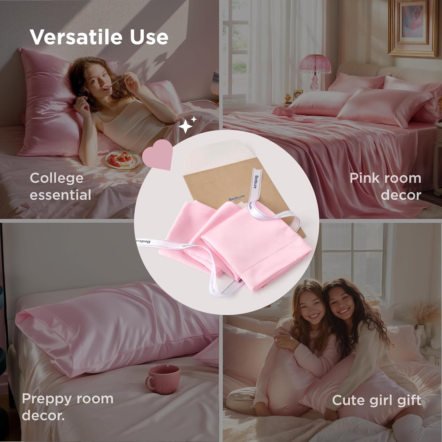 Bedsure Satin Pillowcase for Hair and Skin Queen, Similar to Silk Pillow Cases, Pillow Cases Set of 2 with Envelope Closure, Pink Room Decor Essentials for Girls, 20x30 Inches, 2pcs