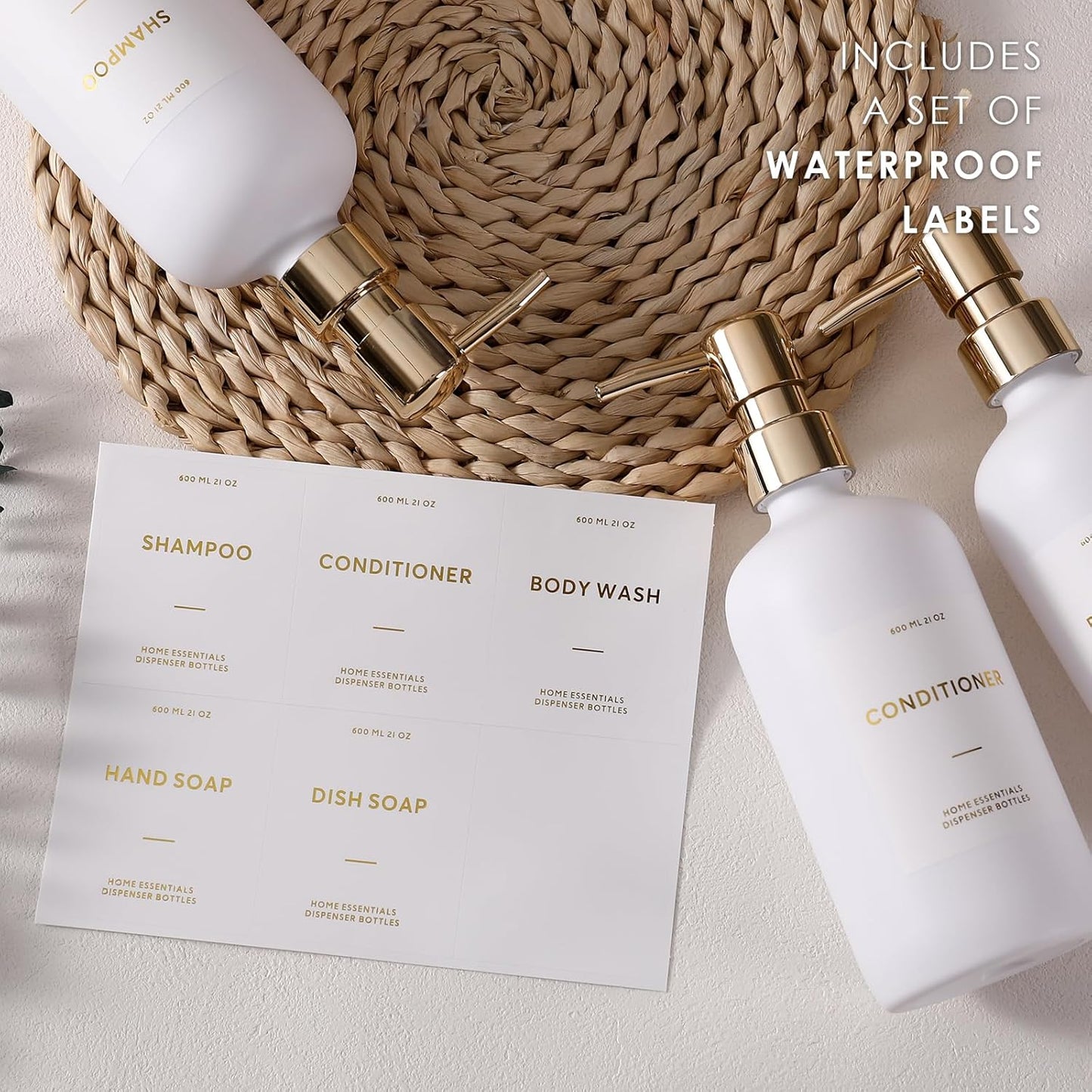 HOMCDALY Shampoo and Conditioner Dispenser, 21oz 3-Pack Refillable Pump Bottles, Shampoo Container, Empty Pump Bottle, Bathroom Shower Dispenser（21oz-White&Gold）