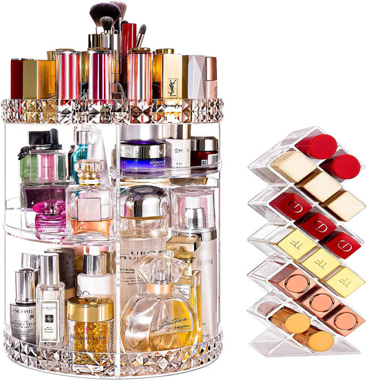 V-HANVER Makeup Organizer Combo - 360° Rotating Makeup Organizer with 7 Adjustable Layers Acrylic Skincare Organizer Large Cosmetic Display Case Clear Perfume Organizer with Makeup Lipstick Holder