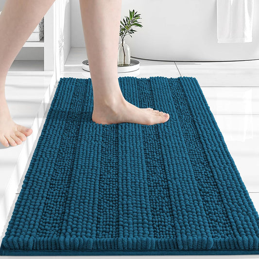 Grandaily Chenille Striped Bathroom Rugs 30x20, Extra Thick and Absorbent Bath Mats, Non-Slip Soft Plush Shaggy Shower Carpet, Machine Wash Dry, Bath Rug for Bathroom, (Medium, Atlantic Blue)