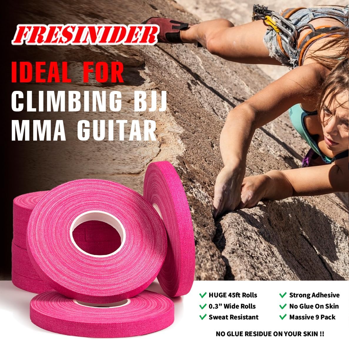 FRESINIDER Finger Tape - Strong Athletic Tape | 0.3” x 45 Feet (9 Pack) Tin Set | No Sticky Residue | for Rock Climbing, BJJ Jiu Jitsu, Grappling, Judo, MMA, Rock Climbing and Martial Arts (Pink)