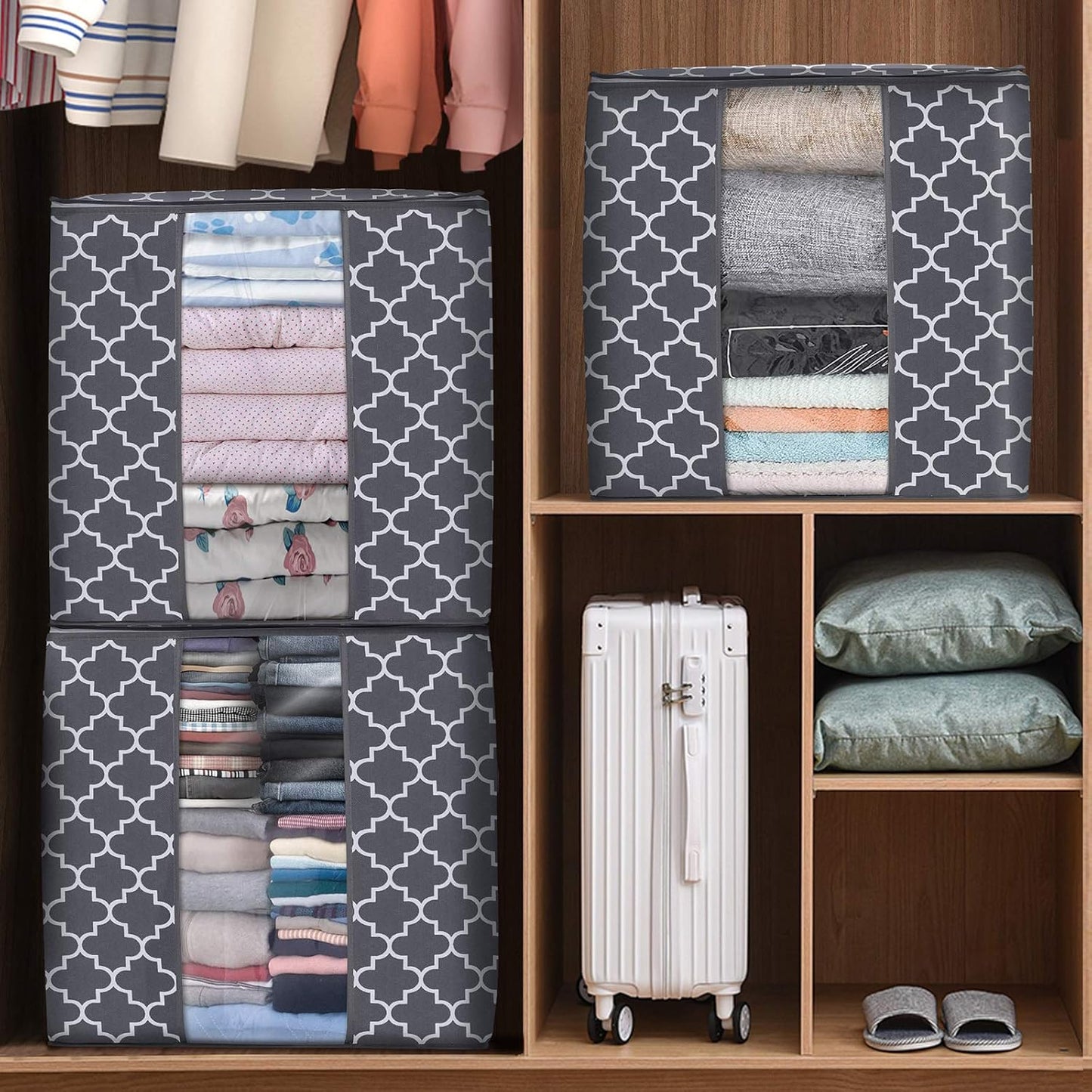 WISELIFE Storage Bags [3 Pack/100L] Large Blanket Clothes Organization and Storage Containers for Comforters,Bedding, Foldable Organizer with Reinforced Handle, Clear Window, Sturdy Zippers,Gray