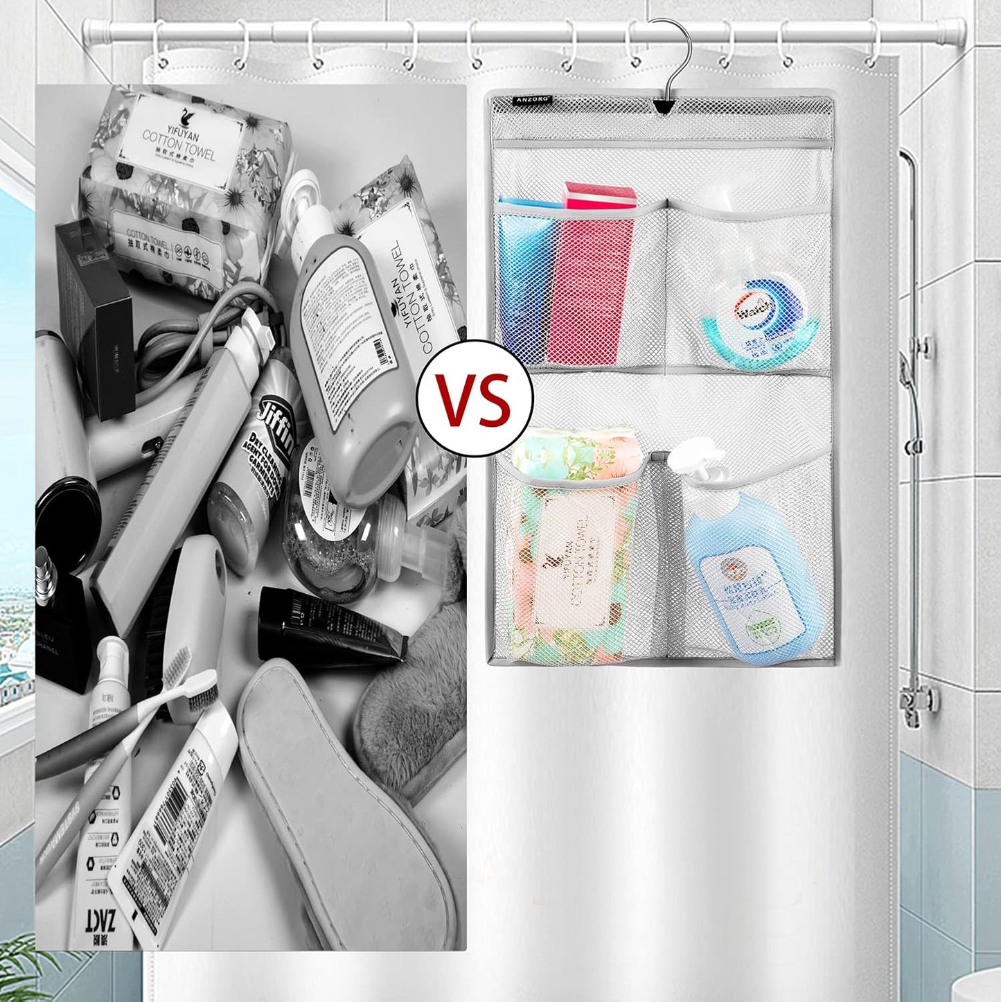 Mesh Shower Organizer Hanging Caddy Quick Dry Bathroom Storage for Toiletry Accessories with Rotating Hanger (4 Pockets)