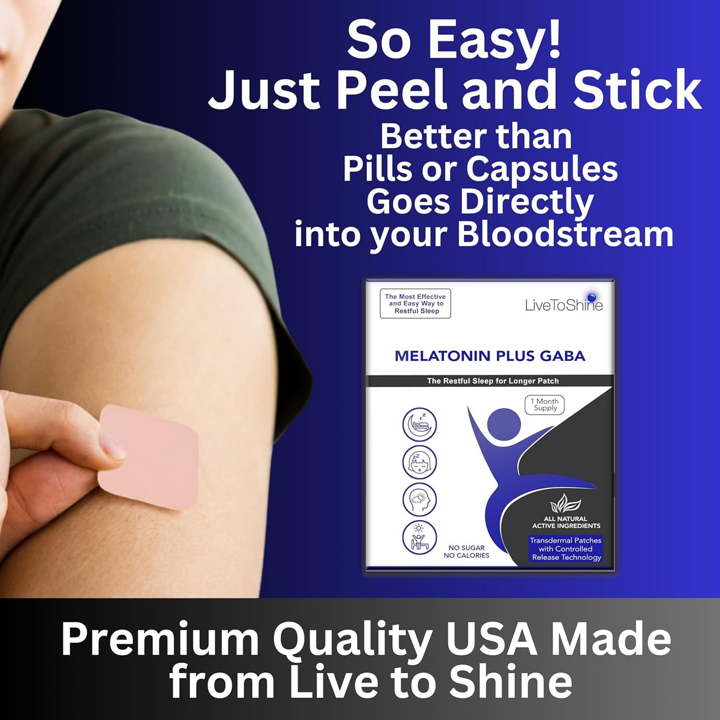 Live To Shine Melatonin Patches for Sleep - Plus GABA to Calm Busy Brains Fast - Perfect Combo for Men and Women - Slow Release - 30 Patches - USA Made