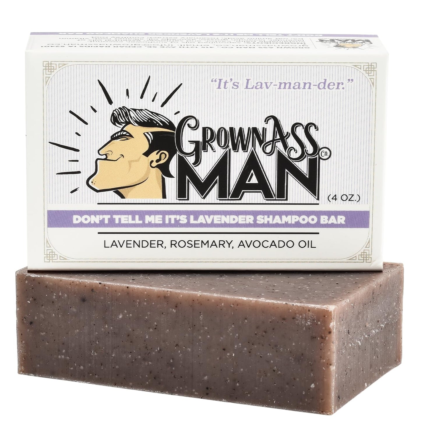 Grown Ass Man Co. - Solid Shampoo Bar Rich Lather 3 in 1: Hair, Beard & Body Wash - Plastic Free & Eco-Friendly, Natural & Organic for All Hair Types, 4oz Bar (Don't Tell Me It's Lavender, 6-Pack)